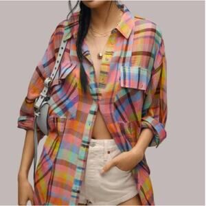 Anthropologie PILCRO Mixed Madras Plaid Oversized Button Down Shirt sz. XXS/XS